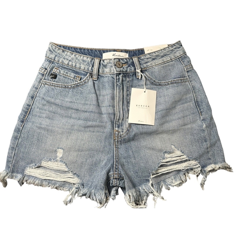 NWT KanCan Denim Shorts Size XS Relaxed Fit Raw Hem Light Wash Stretch #EE10-3